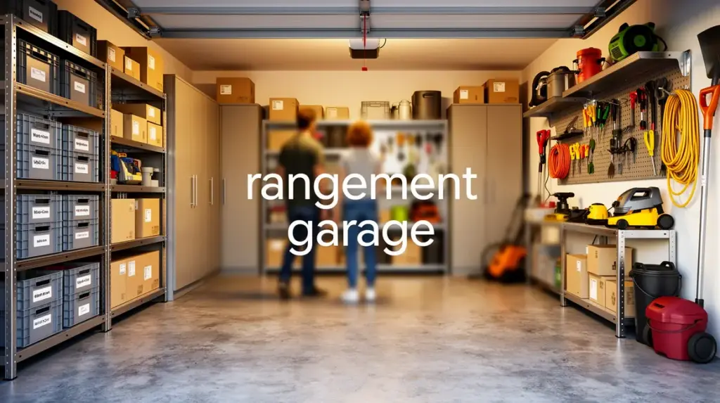 Garage rangé moderne avec étagères, armoires, crochets, boîtes empilables