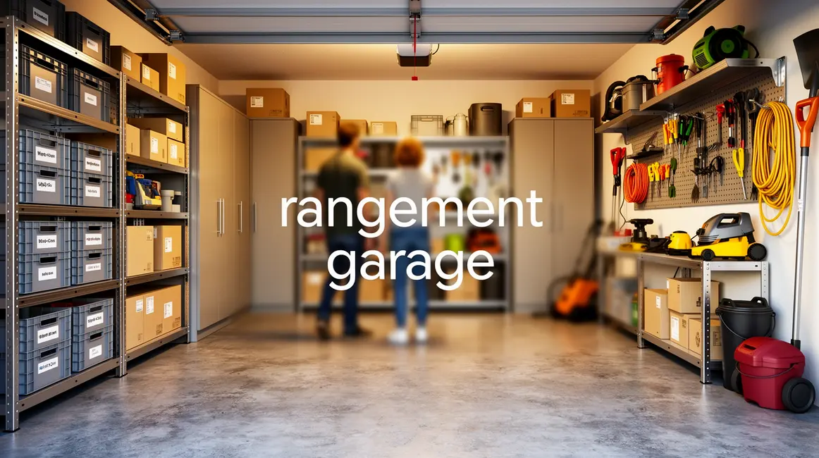 Garage rangé moderne avec étagères, armoires, crochets, boîtes empilables