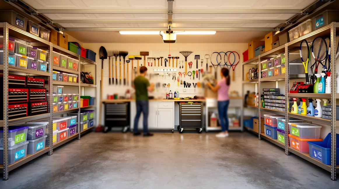 Garage bien rangé et organisé avec étagères et bacs, optimisation espace