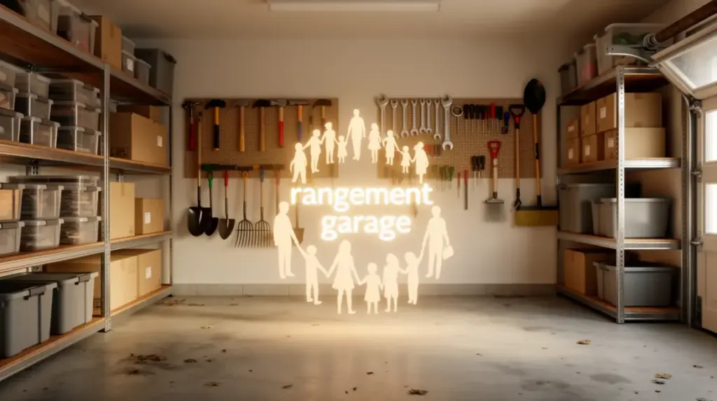 garage organisé avec étagères et boîtes empilables