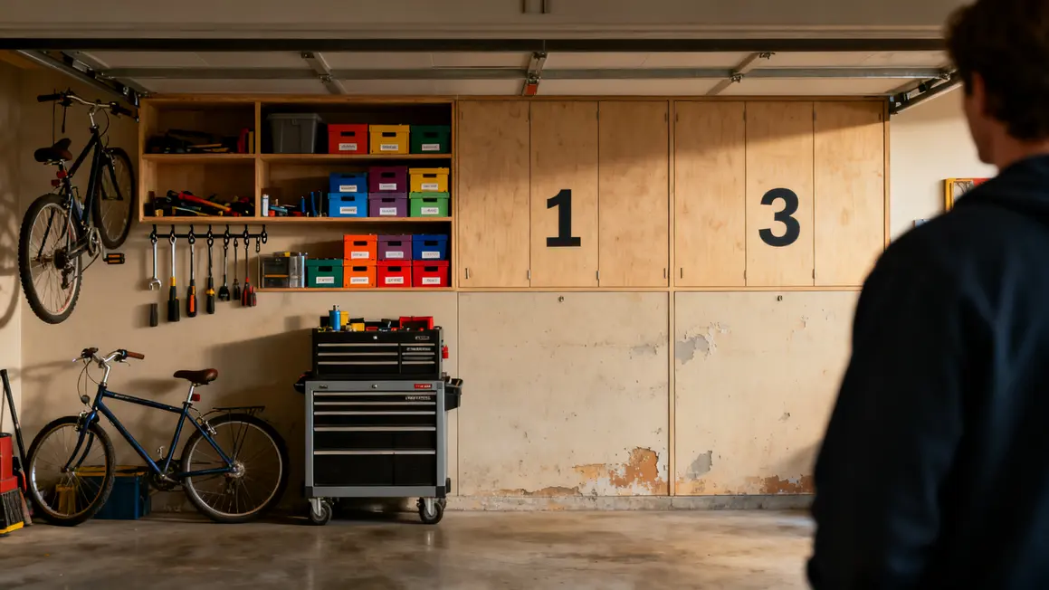 rangement garage : guide débutant sans jargon en petit budget 3 Mur garage étagères ouvertes, crochets, caissons, boîtes