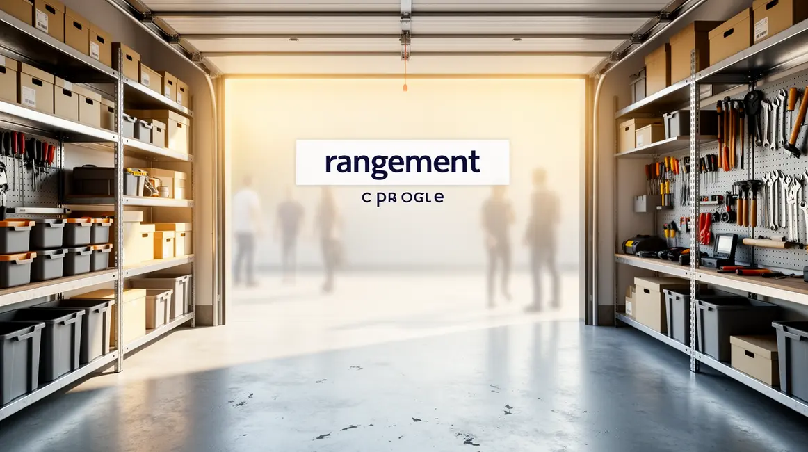 Garage bien rangé avec étagères, rangement garage au centre