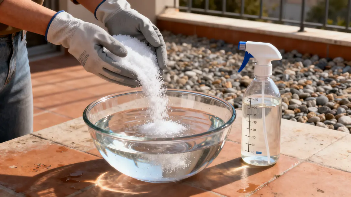 Comment réussir désherbant naturel étape par étape 3 preparation desherbant naturel vinaigre sel mains gantées