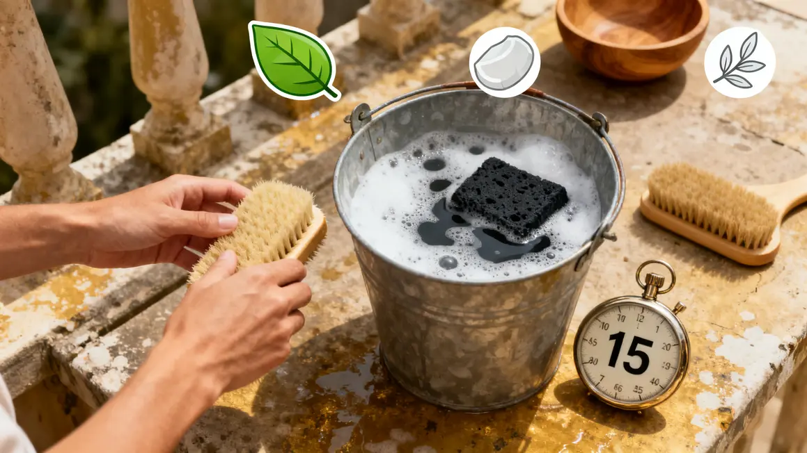 terrasse noircie en 2026 : points clés à connaître 3 nettoyage terrasse noircie savon bicarbonate naturel