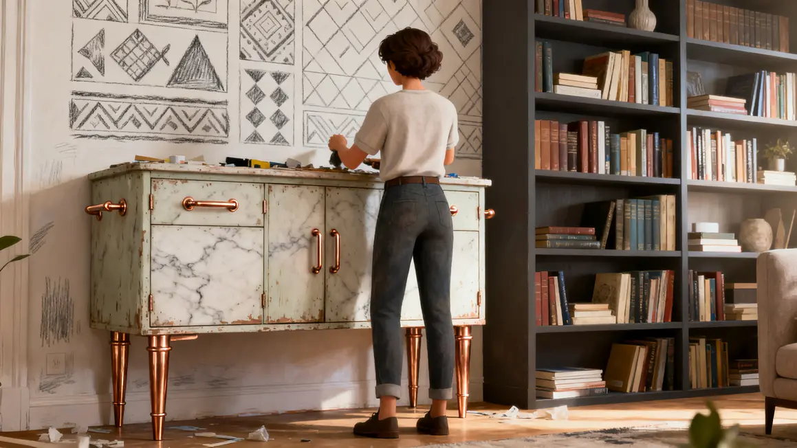 peinture meuble en 2026 : points clés à connaître 3 Buffet bibliotheque peint motifs folk geometrie cuivre mat satine 2026