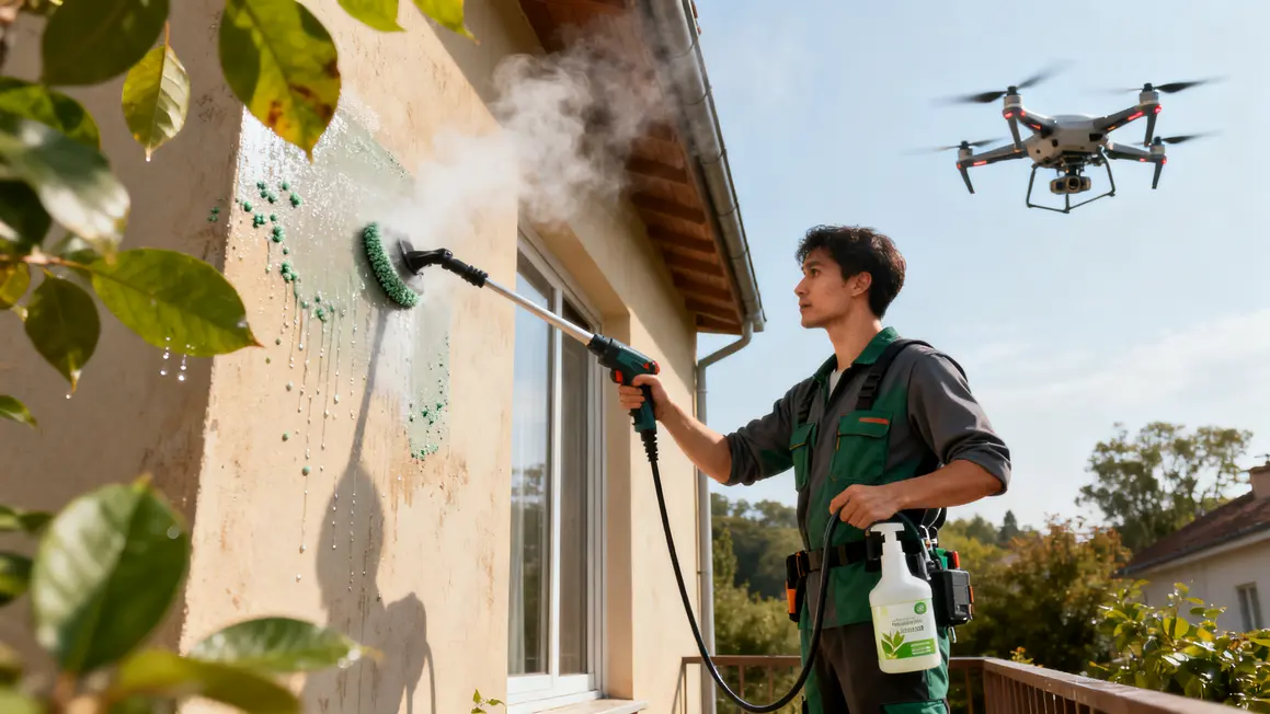 nettoyage de façade en 2026 : points clés à connaître 3 Professionnel nettoyage façade à vapeur drone 2026
