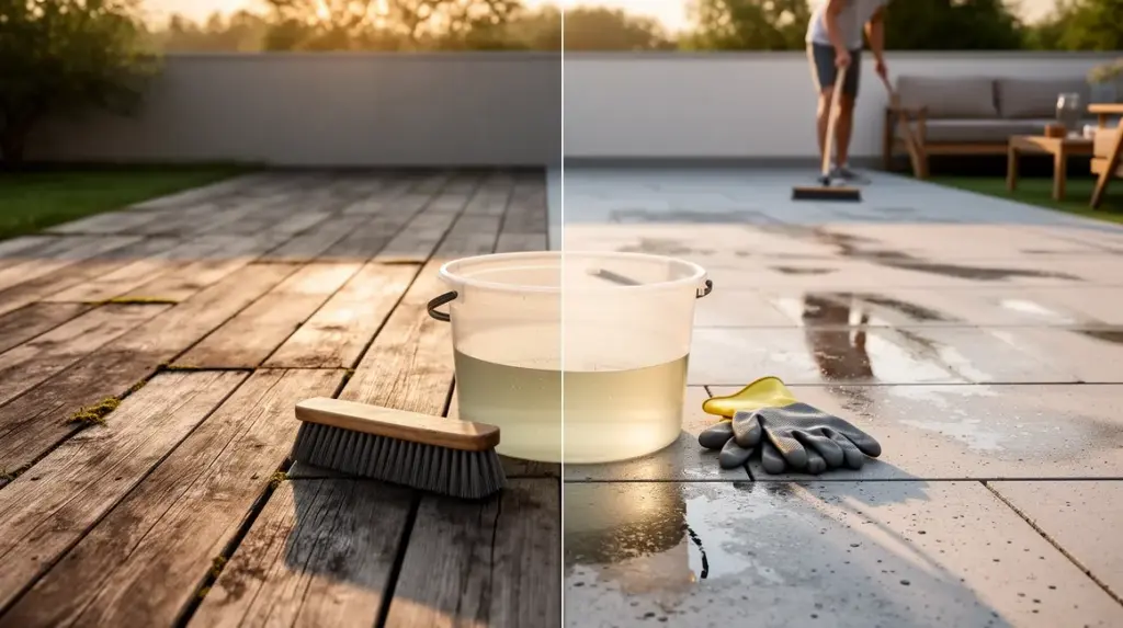 Terrasse noircie avant et apres nettoyage, etapes et resultat