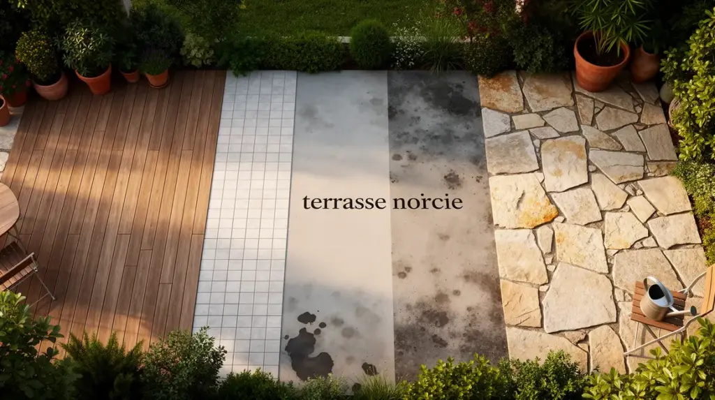 Terrasse noircie vue dessus mix bois carrelage beton pierre