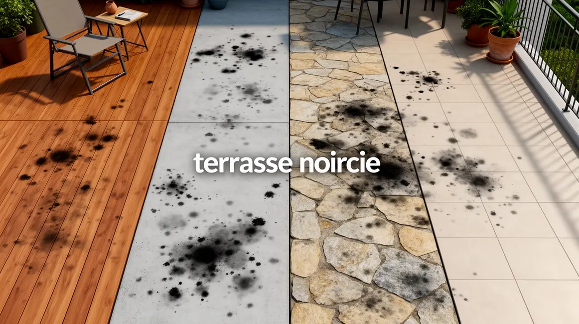 terrasse noircie : guide pratique pour bien commencer 12 terrasse noircie photorealiste avec taches sur bois beton pierre carrelage