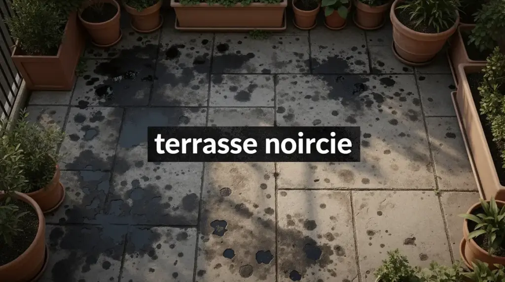 terrasse noircie : priorités à vérifier en premier 2 Terrasse extérieure avec zones noircies, pots, traces d'humidité