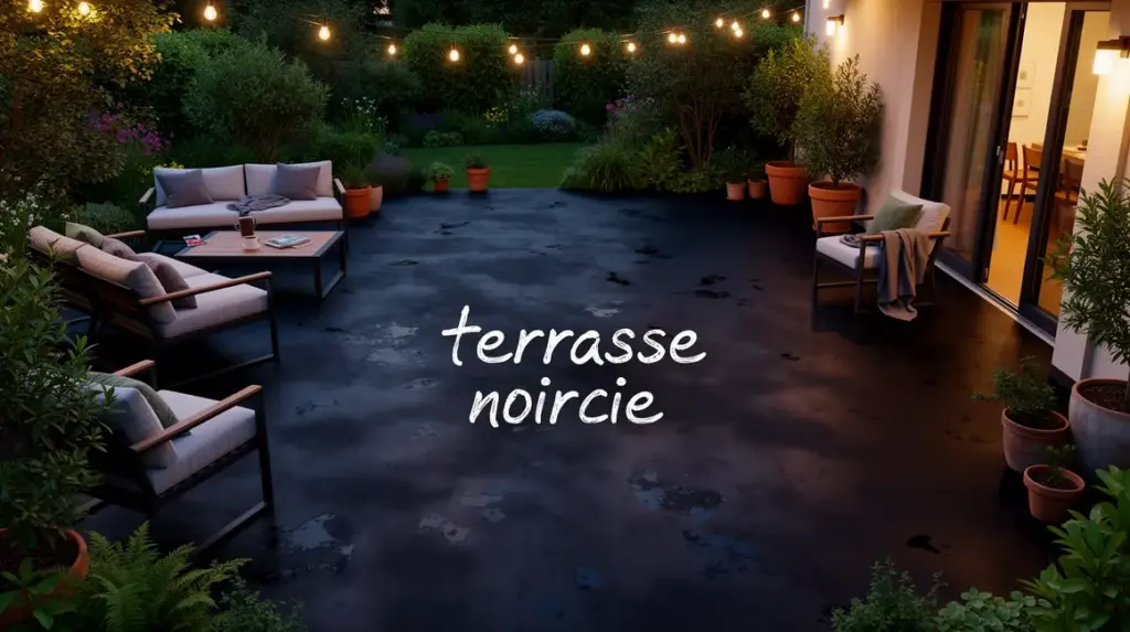 Terrasse noircie vue exterieure avec meubles et plantes