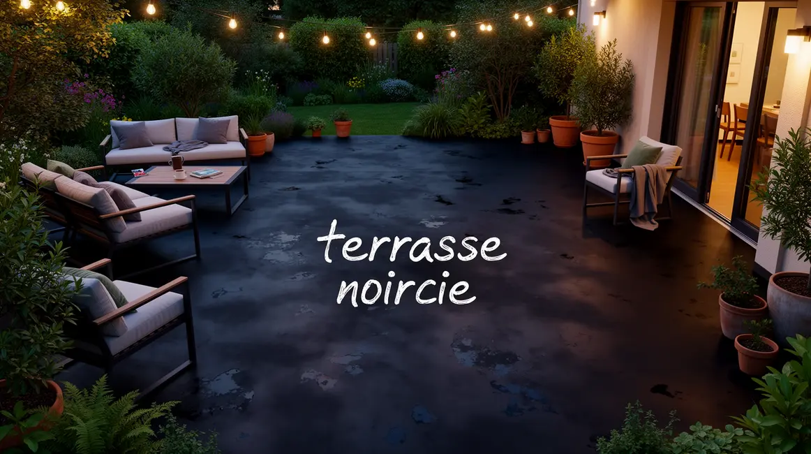 Terrasse noircie vue exterieure avec meubles et plantes