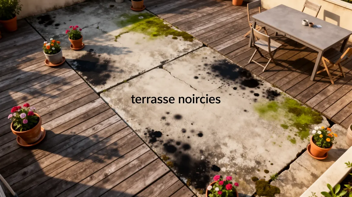 terrasse noircies avec bois beton pots humidite