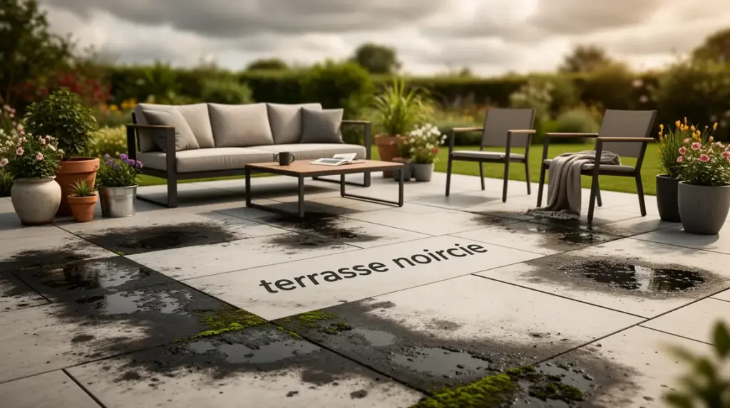 terrasse noircie humidité mousse mobilier vegetation