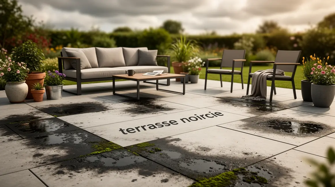 terrasse noircie humidité mousse mobilier vegetation
