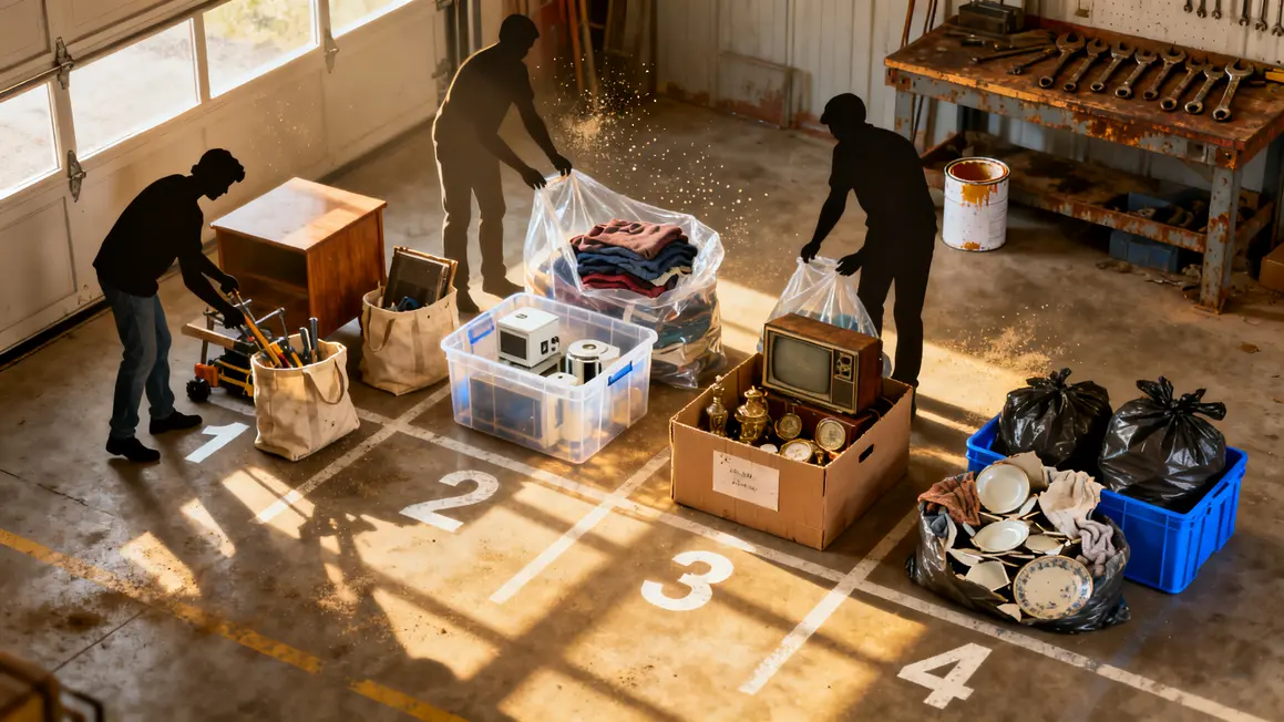 rangement garage : guide pratique pour bien commencer en petit budget 2 scène tri garage quatre zones objets à trier