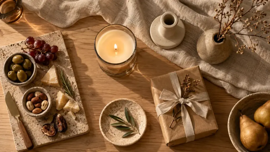 Cadeau déco maison : bougie parfumée, bougeoir et vase en grès sur table bois