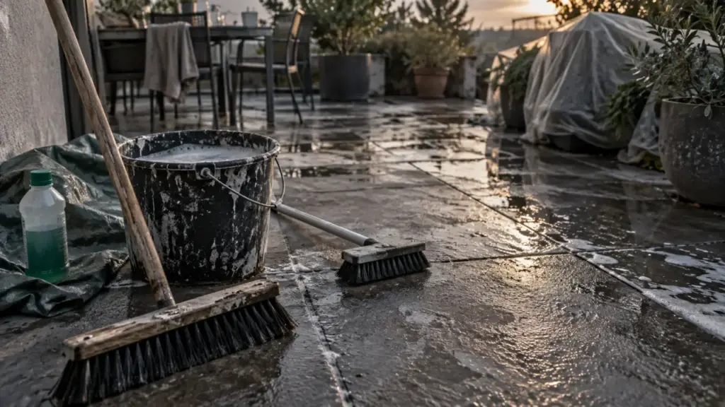 Comment nettoyer terrasse beton noirci : brosse et rinçage sans fragiliser