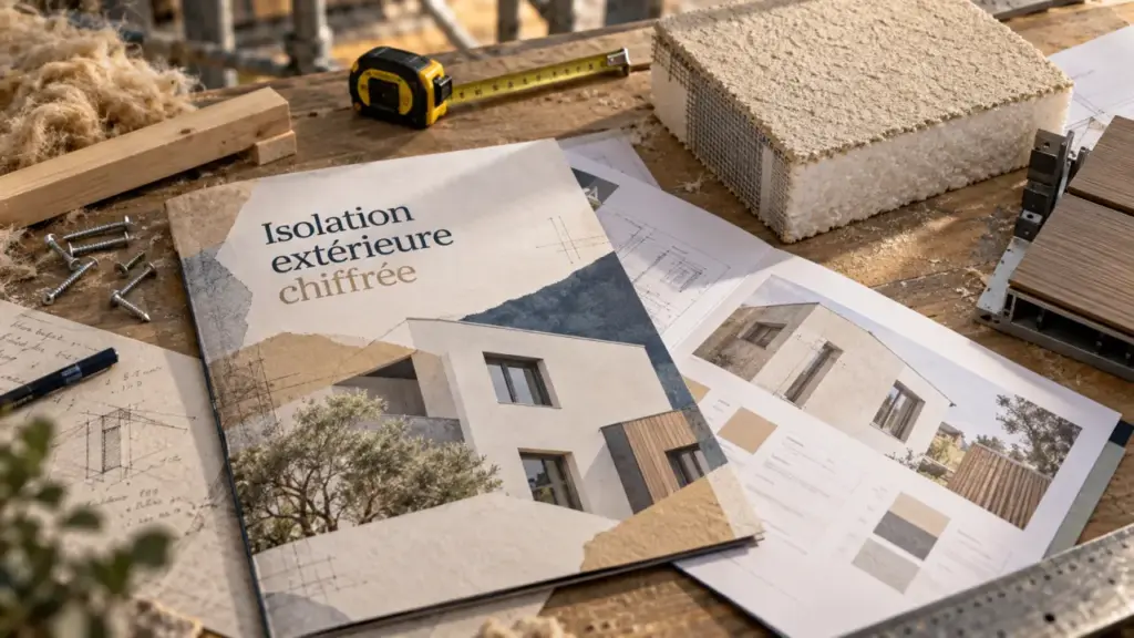 Devis isolation exterieur maison : panneau et chiffrage sur table