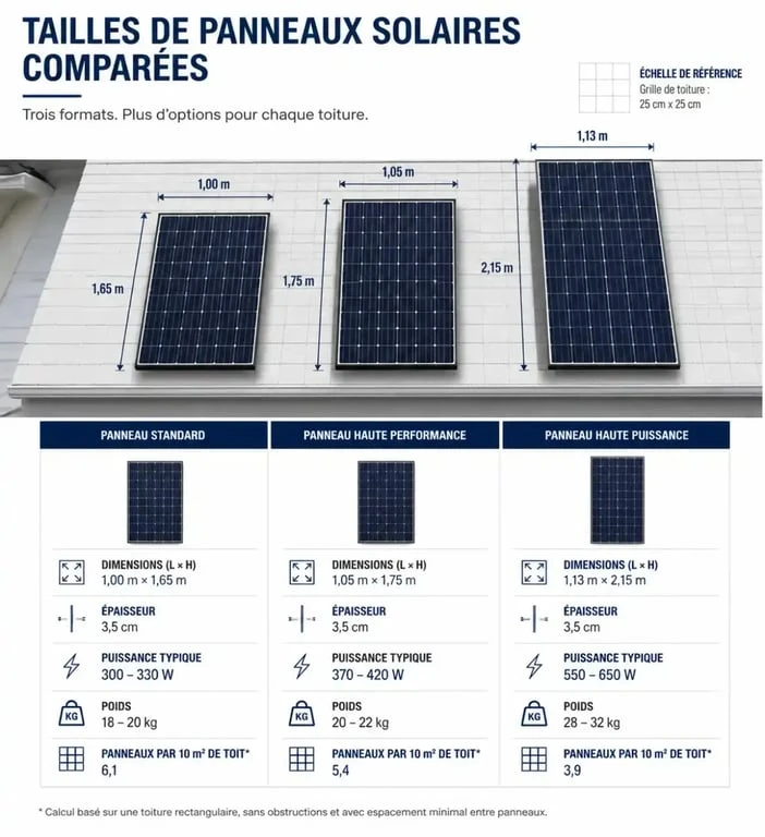 Dimension des panneaux solaires : surface, poids et calcul de puissance pour votre projet 2 Comparaison des dimensions des panneaux solaires sur une toiture