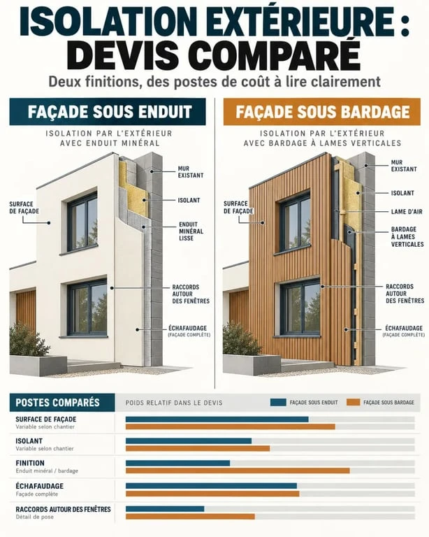 Devis d’isolation extérieure : quel budget prévoir et quels postes vérifier ? 2 Devis isolation extérieur maison : comparaison entre isolation sous enduit et sous bardage