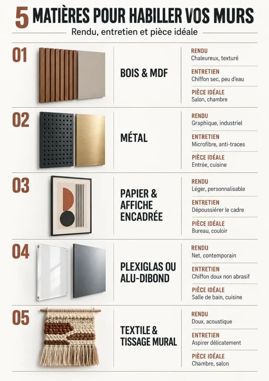 Quelle décoration murale originale choisir pour structurer, éclairer et personnaliser chaque pièce ? 2 Décoration murale originale : comparaison des matières et de leur rendu