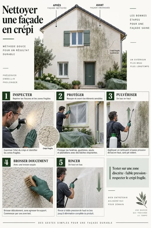 Nettoyer une façade de maison sans l’abîmer : choisir la bonne méthode selon le support 2 Étapes pour nettoyer une façade de maison avec protection, pulvérisation, brossage et rinçage