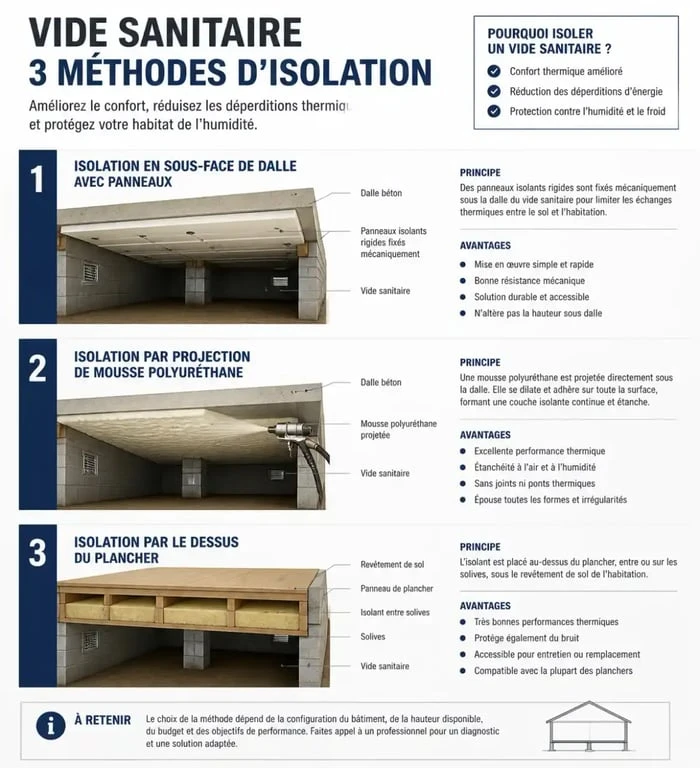 Isolation du vide sanitaire : 4 méthodes pour supprimer les sols froids et l'humidité 2 Schéma des méthodes d'isolation d'un vide sanitaire : sous-face, projection et par le dessus