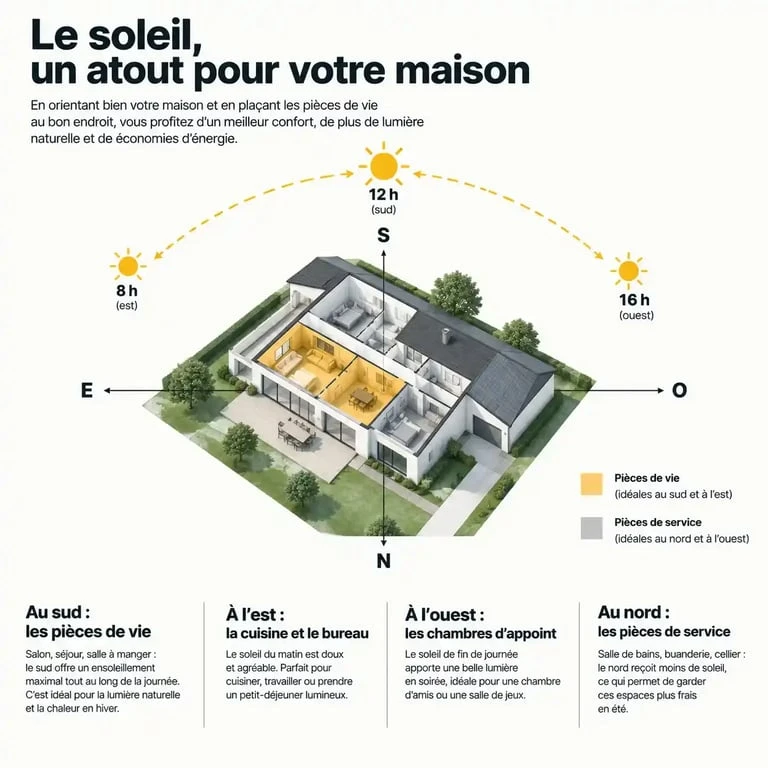 Orientation de la maison : optimiser le confort thermique et réduire vos factures 2 Schéma de la meilleure orientation maison pour optimiser la luminosité et le confort thermique