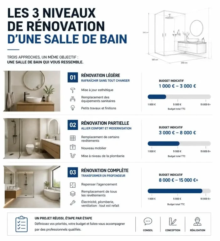 Prix rénovation salle de bain : budgets types et leviers d'économie 2 Infographie des prix de rénovation salle de bain par niveau de travaux