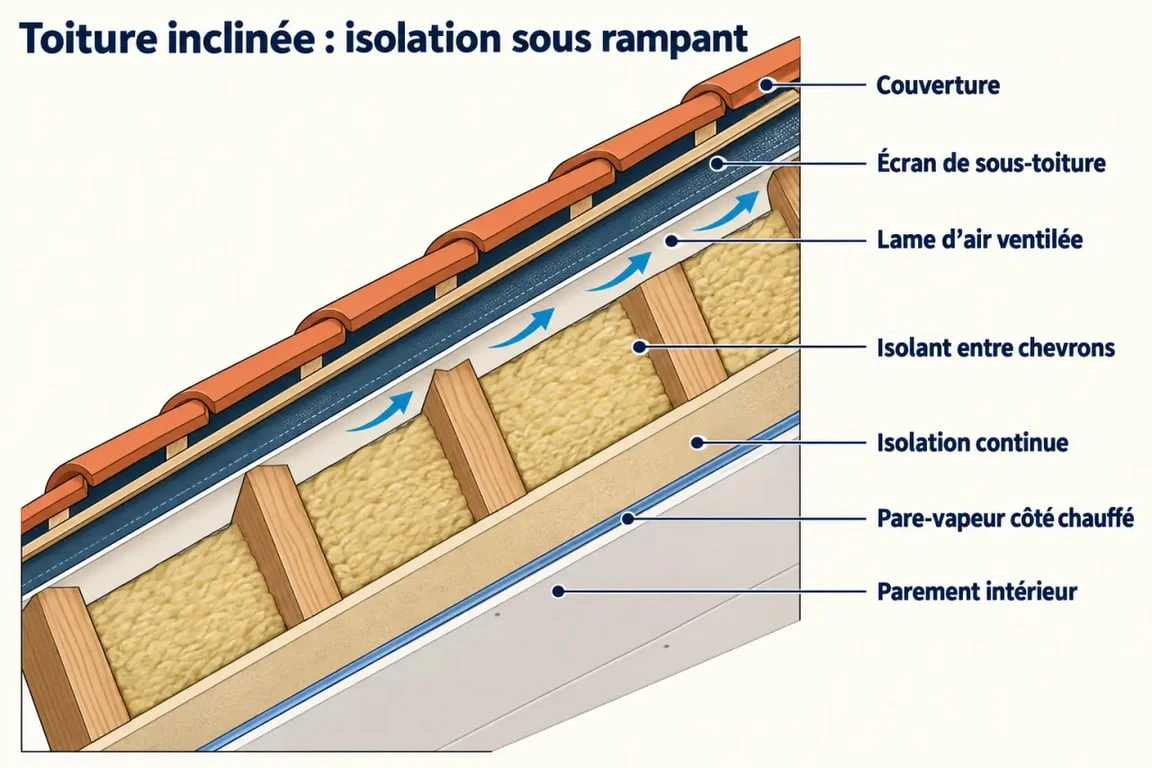 Isolation sous rampant : viser R = 8 sans perdre tout le volume habitable 2 Schéma de l'isolation sous rampant avec isolant, lame d'air et pare-vapeur