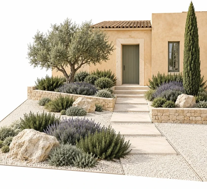 Idée d’aménagement paysager devant maison de style méditerranéen avec lavande, romarin et gravier