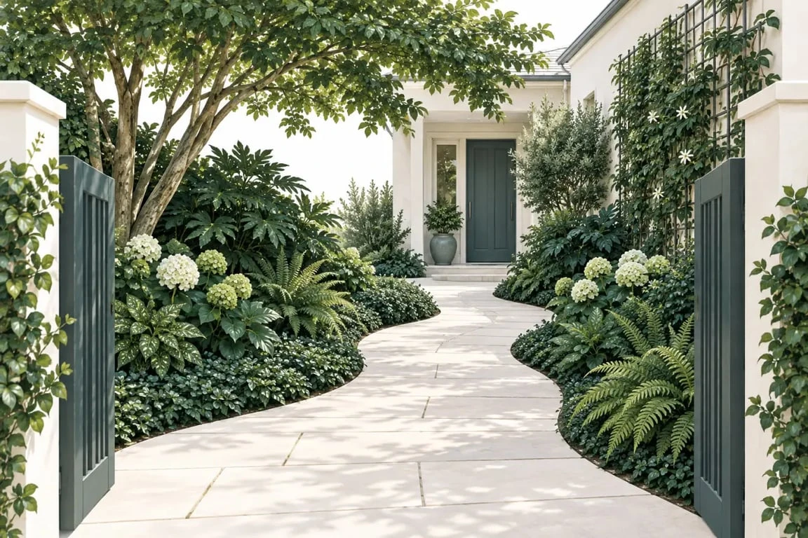 Aménagement jardin devant maison à l’ombre avec feuillages persistants et allée accueillante