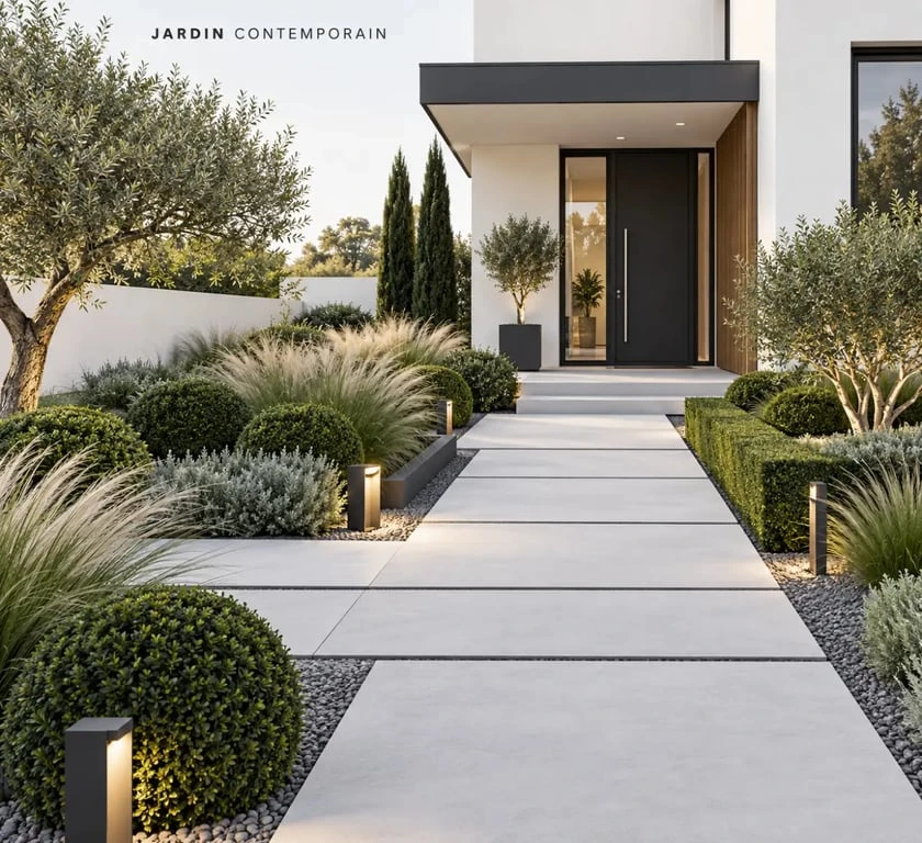 Idée d’aménagement jardin devant maison avec allée contemporaine, graminées et éclairage discret