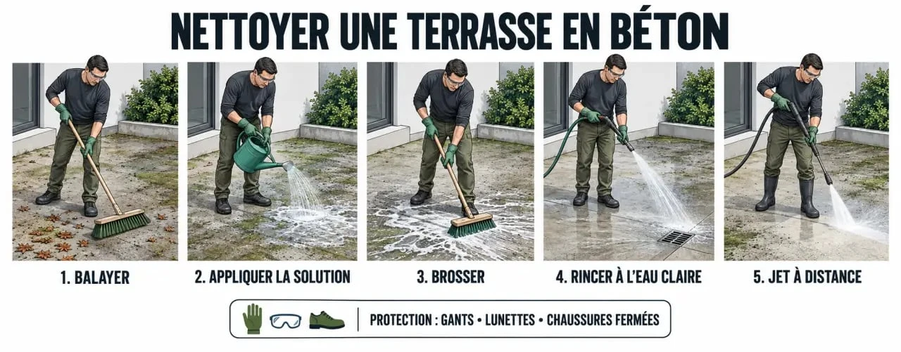 Terrasse béton noircie : nettoyer efficacement sans fragiliser le support 2 Étapes pour nettoyer une terrasse en béton noircie avec balayage, brossage et rinçage