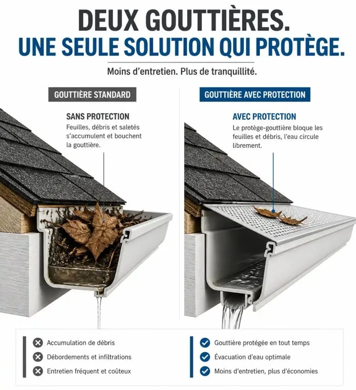 Prix d'un nettoyage de gouttière : tarifs, facteurs de variation et conseils d'entretien 2 Schéma technique illustrant le fonctionnement d'une gouttière avec protection anti-feuilles pour le prix nettoyage gouttière