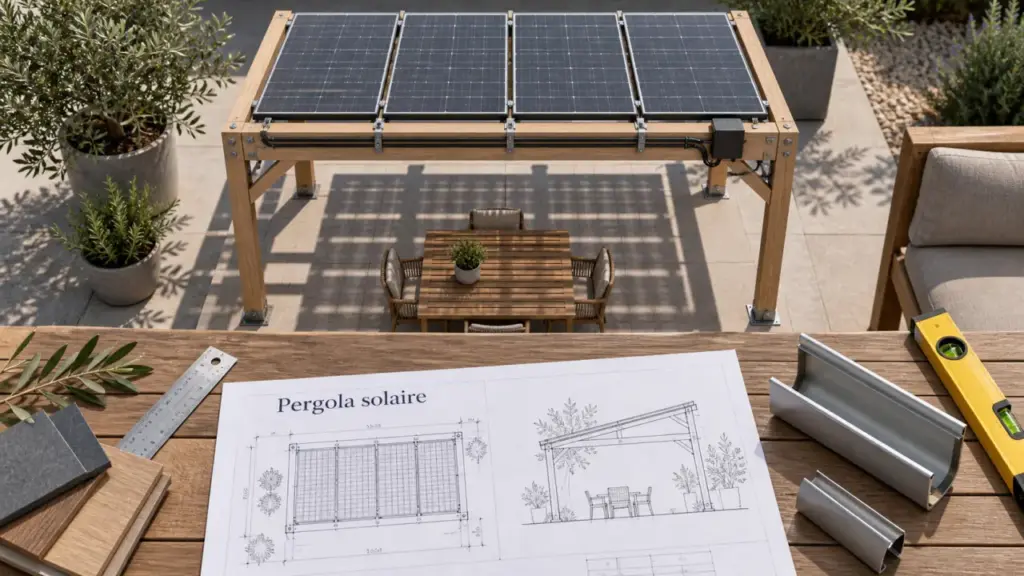Pergola avec panneau solaire : ombre et électricité sur terrasse