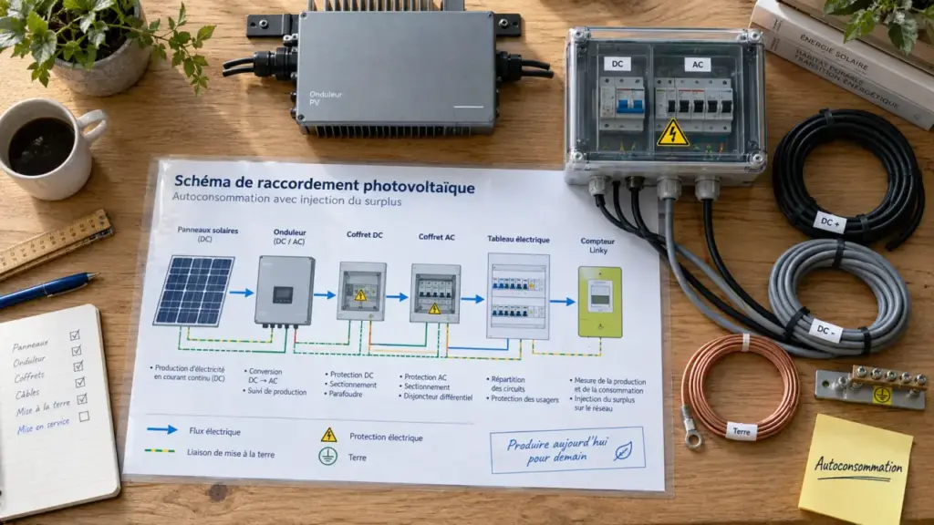 Schéma de raccordement photovoltaïque autoconsommation : panneaux vers onduleur, protections et réseau