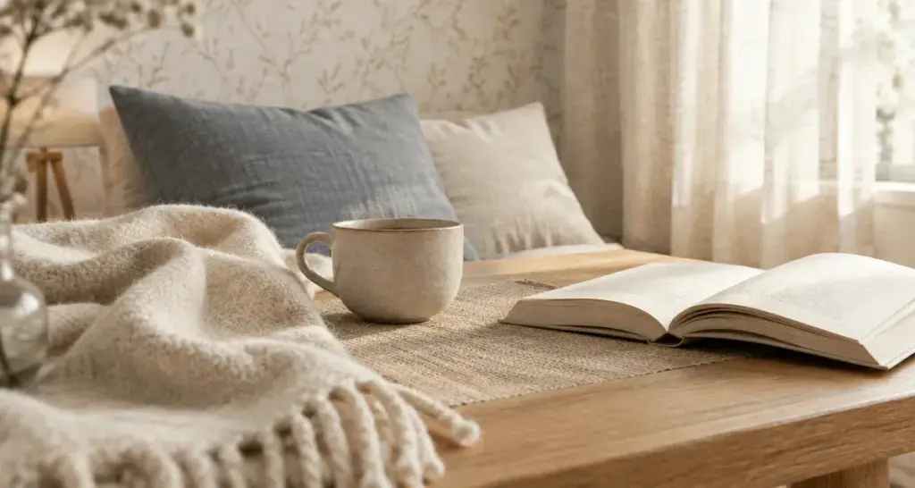 Déco scandinave cocooning : salon doux et lumineux, plaid en laine, lin et chêne clair