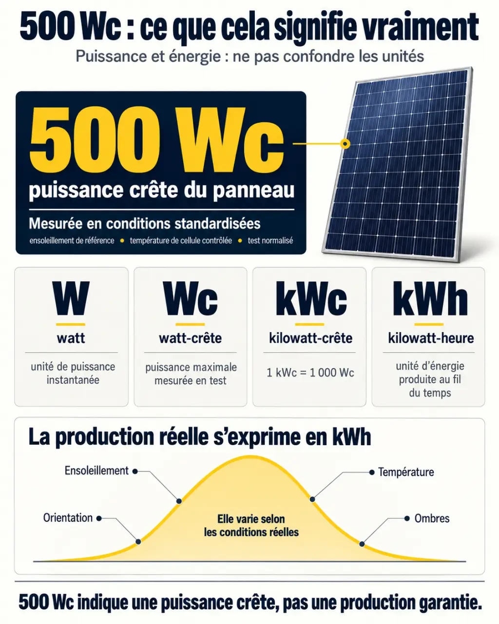 Panneaux solaires 500 W : la puissance ne suffit pas pour bien choisir 2 Infographie sur les panneaux solaires 500 Wc, la différence entre W, Wc, kWc et kWh