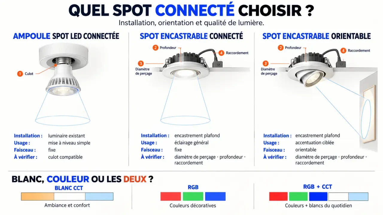 Un spot connecté bien choisi : lumière adaptée, installation compatible et commandes simples 2 Infographie pour choisir un spot connecté : ampoule LED, spot encastrable orientable, RGB et CCT