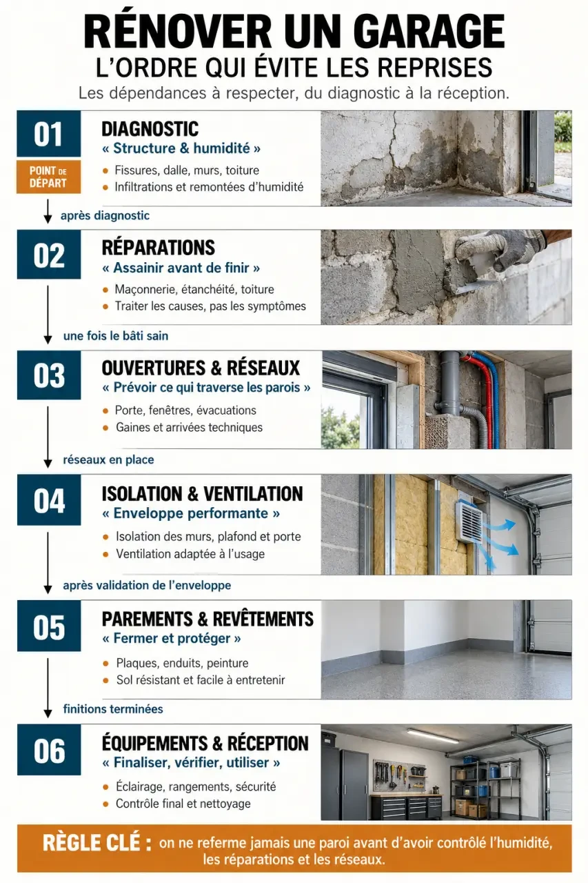 Rénovation de garage : gagner une vraie pièce sans enfermer l’humidité 2 Infographie sur les étapes d'une rénovation de garage, de l'humidité à la réception des travaux