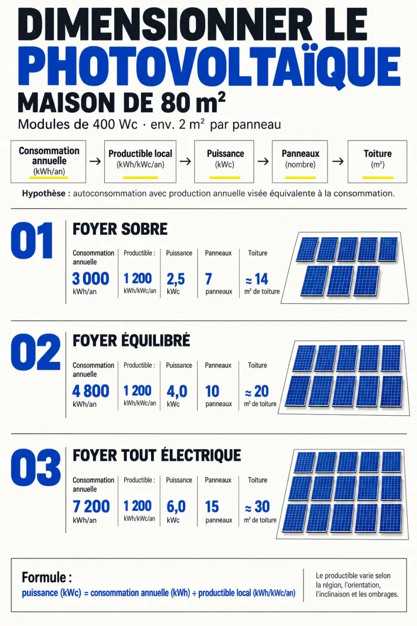 Combien de panneaux solaires pour une maison de 80 m² ? Du calcul aux mètres carrés de toiture 2 Infographie pour comprendre combien de panneaux solaires pour une maison de 80 m² selon la consommation, la puissance et la surface de toiture