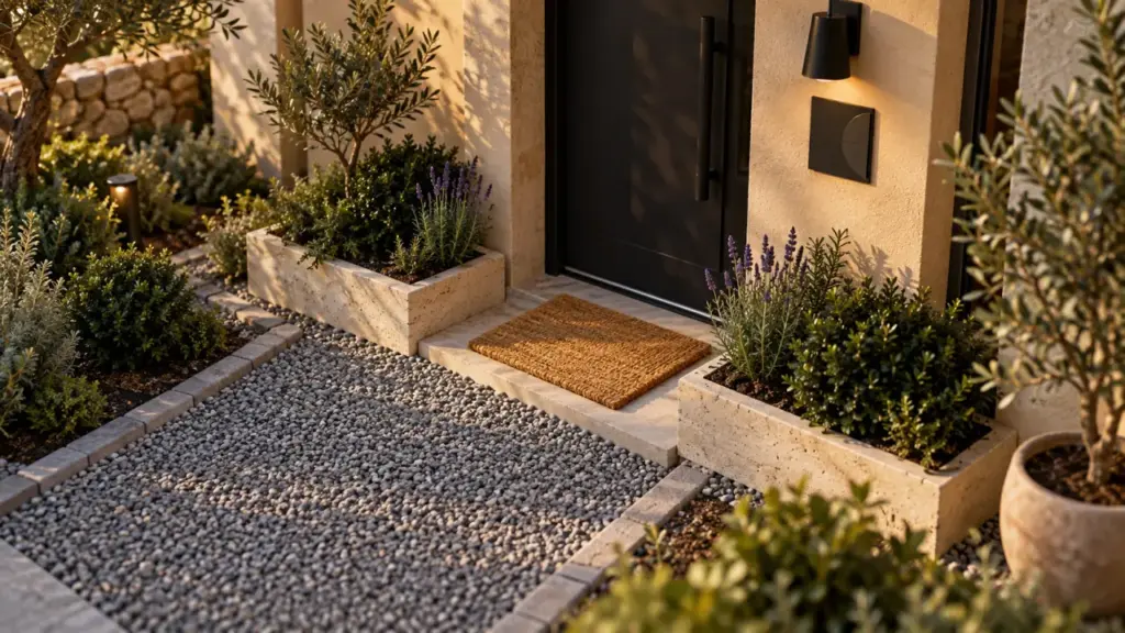 Idée déco extérieur devant maison : entrée accueillante, allée en gravier et plantes en pots.