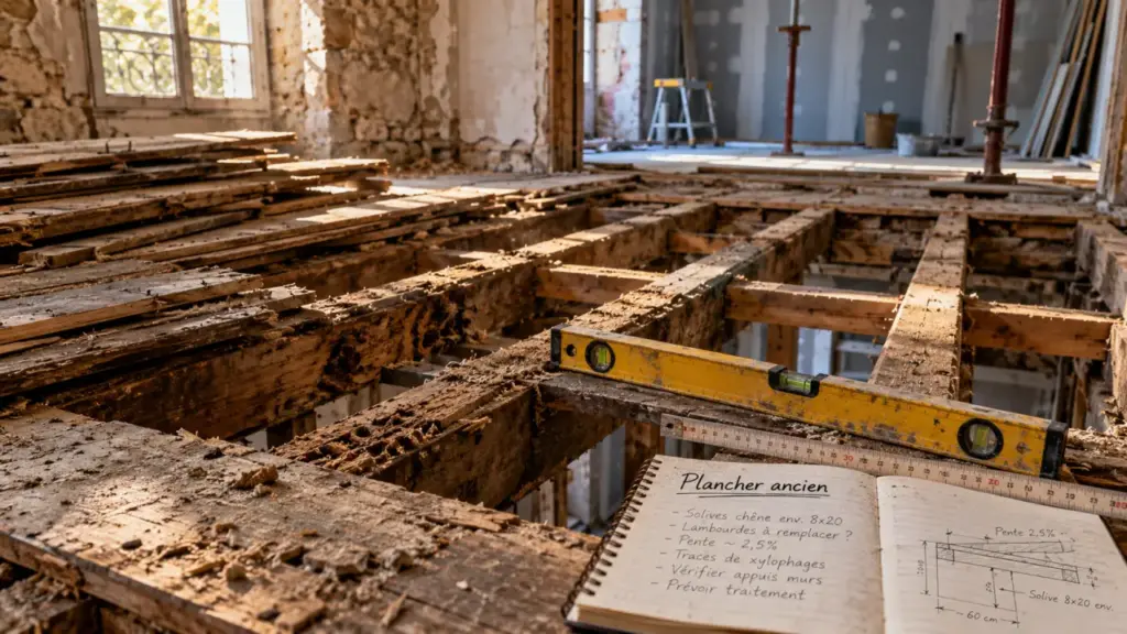 Rénovation plancher maison ancienne : lames déposées, sol nivelé au niveau à bulle
