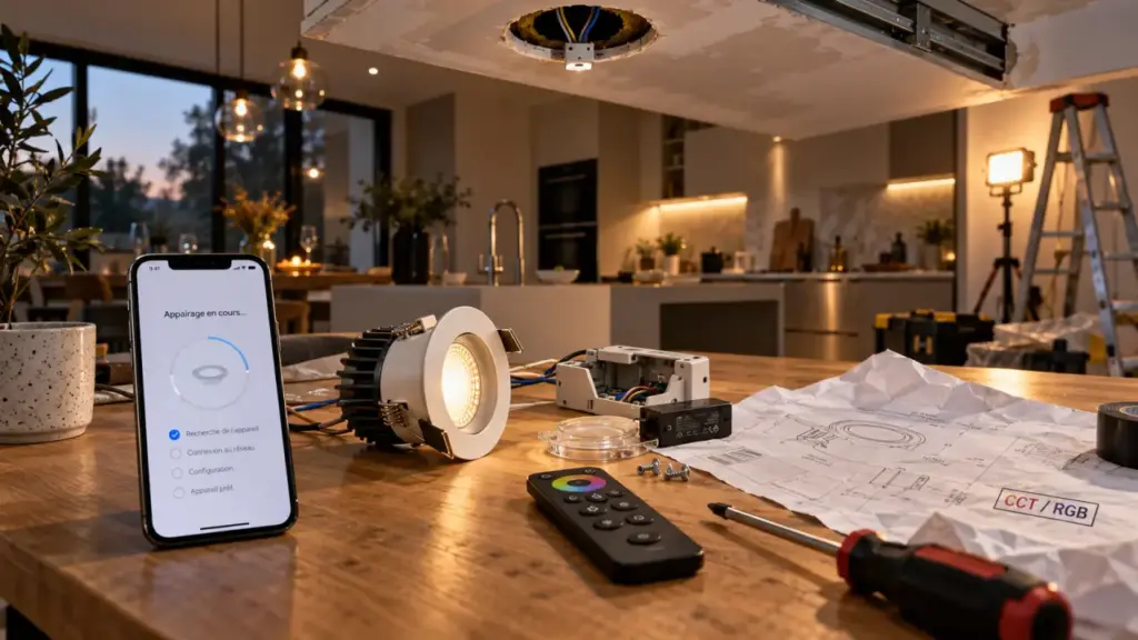Spot connecté : appairage d’un spot encastrable CCT/RGB dans une cuisine moderne